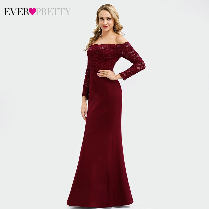 Бордовые кружевные вечерние платья Длинные Ever Pretty EP00805BD с открытыми плечами с длинным рукавом элегантные вечерние платья со шлейфом Gala Jurken Dames