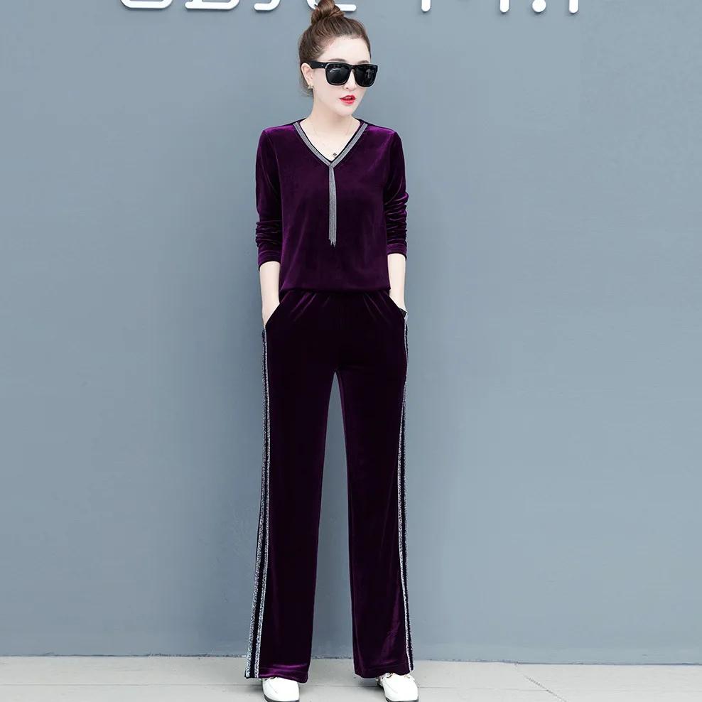 spring women sporting suit velour loose sweatshirt+sweatpants casual jogger running workout exercise set sportswear tracksuit