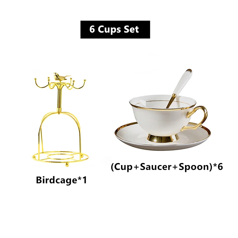 Gold Inlay Bone China Tea Cup Saucer Spoon Set 200ml Luxury Ceramic Coffee Cup Advanced Porcelain Teacup Party Teatime Drinkware - Цвет: 6Cups n Birdcage