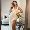 Cryptographic Crochet Beach Maxi Dress for Women See Through Sexy Plunge Backless Bandage Sleeveless Lacing Split Long Dresses ► Photo 2/6