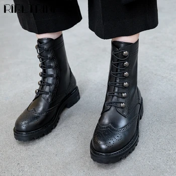 

RIBETRINI Female Mid Calf Black Shoes Fashion Round Toe shoes lace Chunky Women Boots Casual Daily Designer Boots
