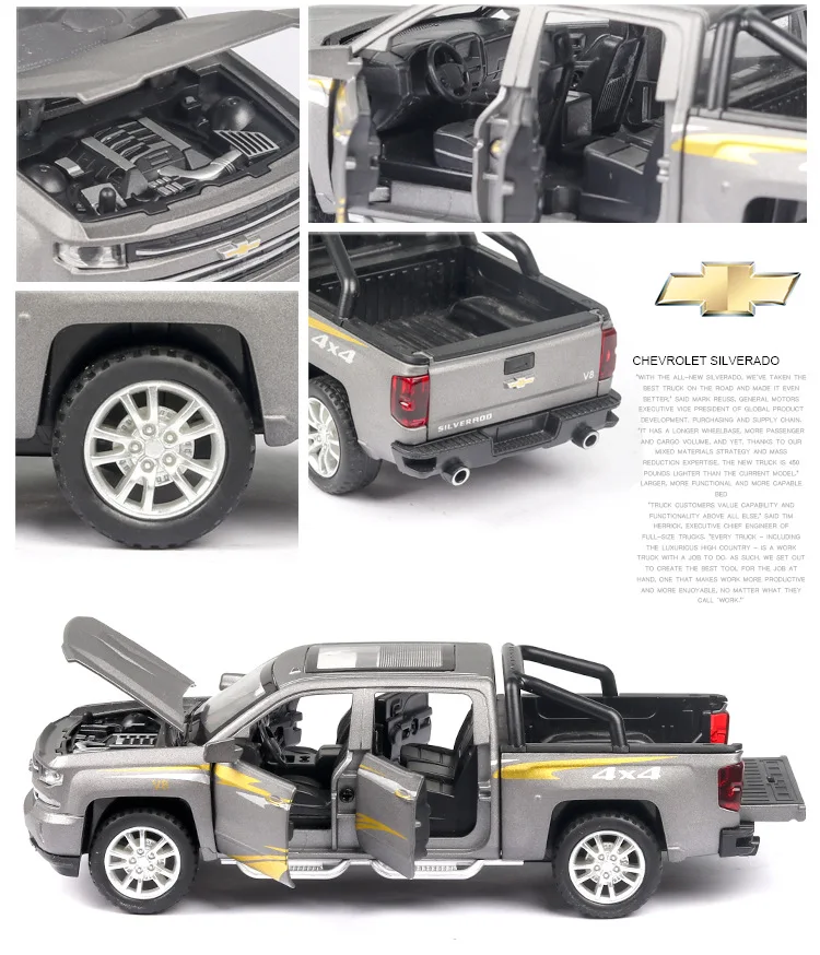 Горячая 1:32 Масштаб колеса 4x4 Chevrolet пикапа металлическая модель с светильник и звук silverado литья под давлением автомобиль вытяните назад игрушка Коллекция