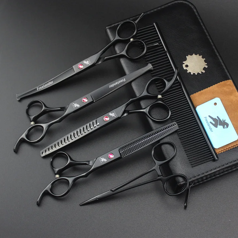 

7 inch Professional pet grooming kit round head safety direct and thinning scissors and curved pieces 4 pieces technicolor