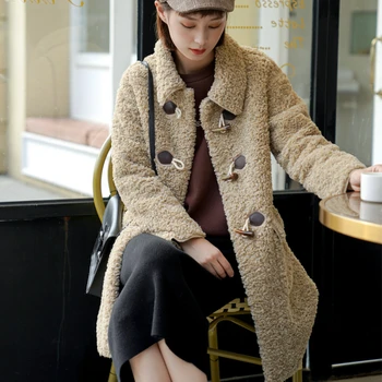 

New loose mid-length fashion horn buckle lambswool coat female warm fur all-in-one buckskin velvet thick grain velvet jacket