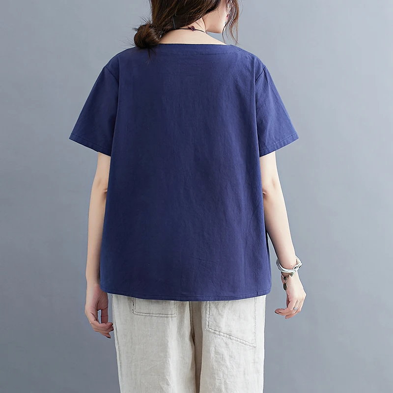 Vintage Pocket Front Plus Size Cotton Linen Top Women Summer Casual Loose Black White Yellow Navy Blouse Shirt Female 4