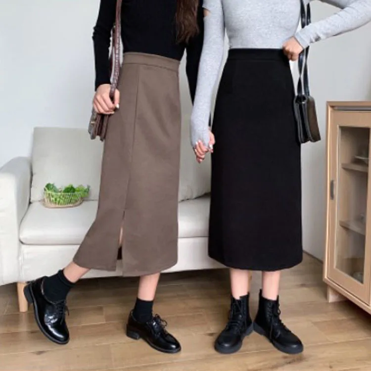 

Skirts Womens Plus Size Autumn and Winter New Mid-length Woolen Slit A-line Skirt Solid Color Cotton Calf Length Straight Skirt
