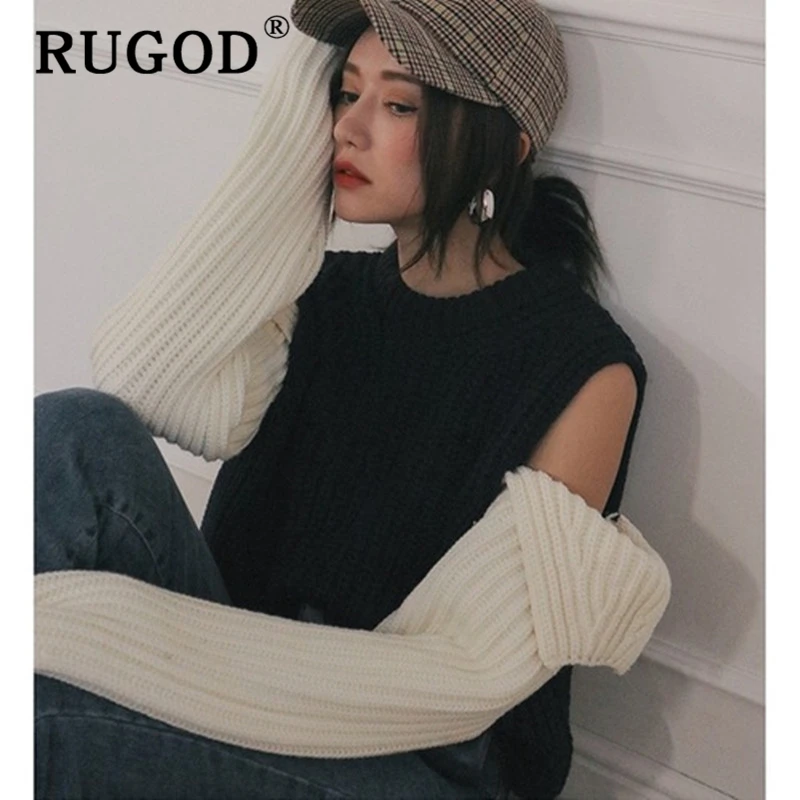 RUGOD Sweater women Korean chic round neck split long sleeve pullovers sweaters female Vintage auturm warm casual knitted wear