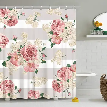 

Stripes Shower Curtain Set Gray White with 12 Hooks Retro Red Floral Decorative Fabric Bathroom Curtain Waterproof Machine