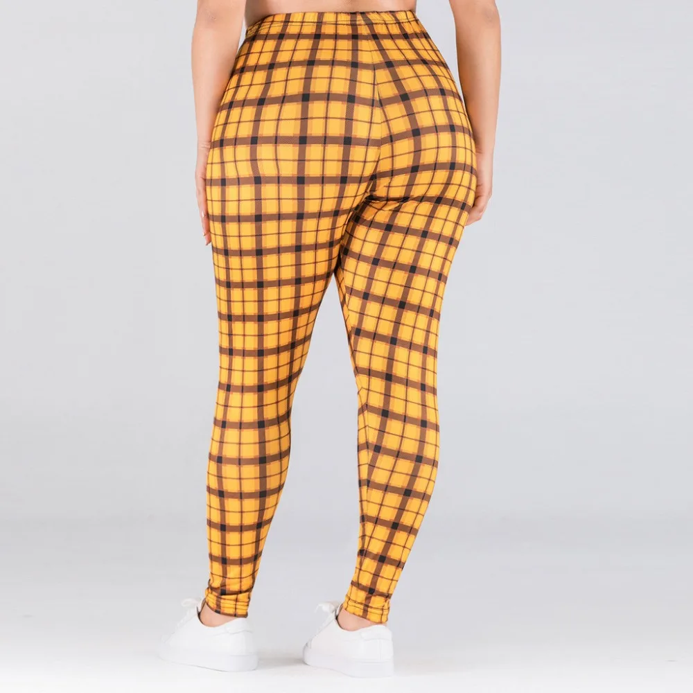 Ladies Pants Large Size Womens Elastic Waist yellow Lattice Printing Casual High Waist Leggings legging taille haute E