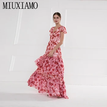 

Custom Dress S-7XL 2020 Spring Silk Dress Colorful Flower Print O-Neck Short Sleeve Elegant Floor-Length Plus Size Dress Women