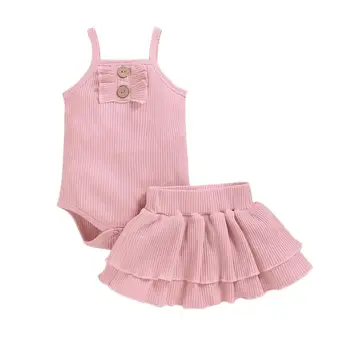 

New Summer Baby Girls Cotton Sling Tops Solid Color Skirt Kit Kids Two-piece Outfit