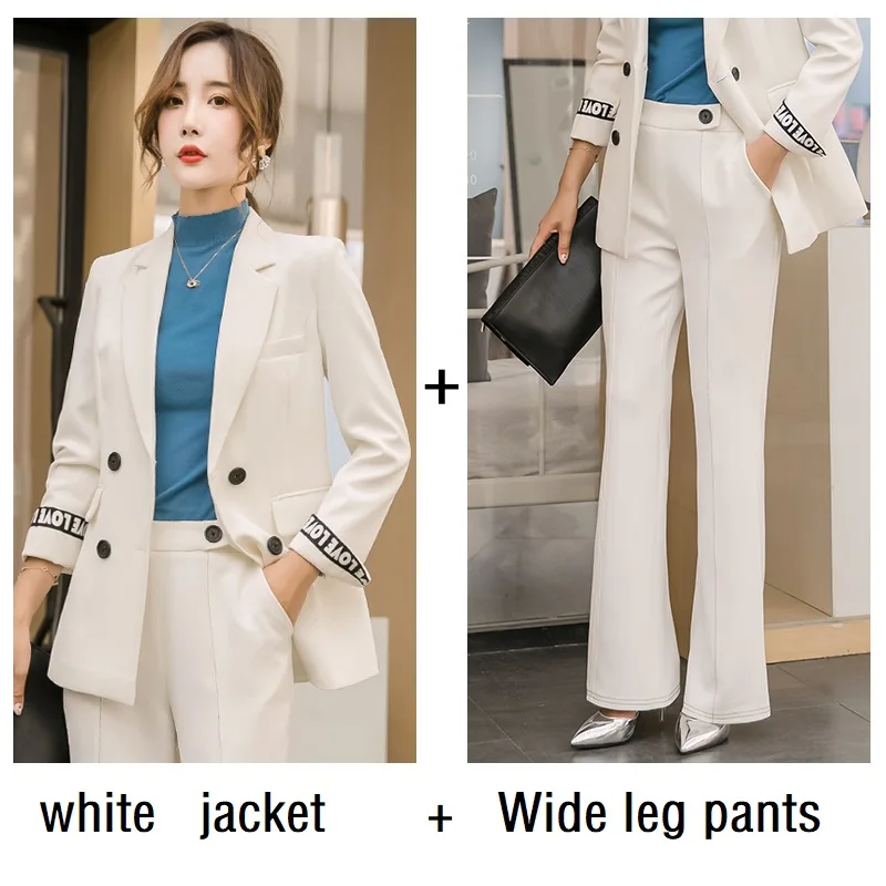 white jacket Wide Женские костюмы тонкая осенняя куртка с пайетками и буквенным принтом штаны комплект из 2 предметов OL формальные женские брючные костюмы женский комплект костюмы 9339 - Цвет: white jacket Wide