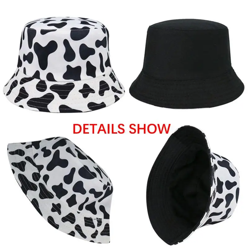 New Fashion Reversible Black White Cow Pattern Bucket Hats Fisherman Caps For Women Gorras Summer
