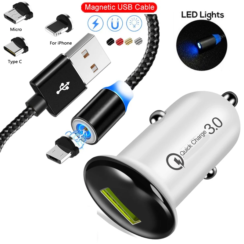 Магнитный кабель LED Micro usb Type C зарядный для iPhone 11 Pro MAX XS Redmi 7 7A 8 быстрая зарядка