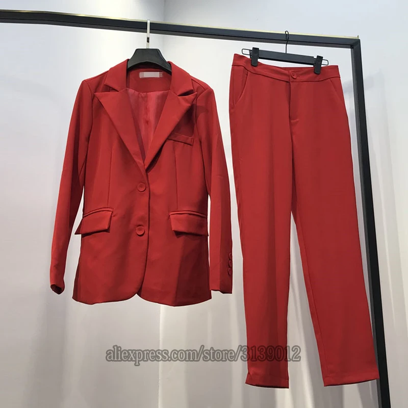Красные женские костюмы офисный Блейзер комплект Garnitur Damski Traje Mujer костюм Tailleur Femme Pantalon Et Veste элегантные Брючные костюмы для женщин