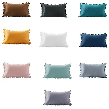 

Nordic Style Velvet Lumbar Waist Throw Pillow with Pom Pom Simple Solid Color Decorative Rectangle Cushion Case for Couch