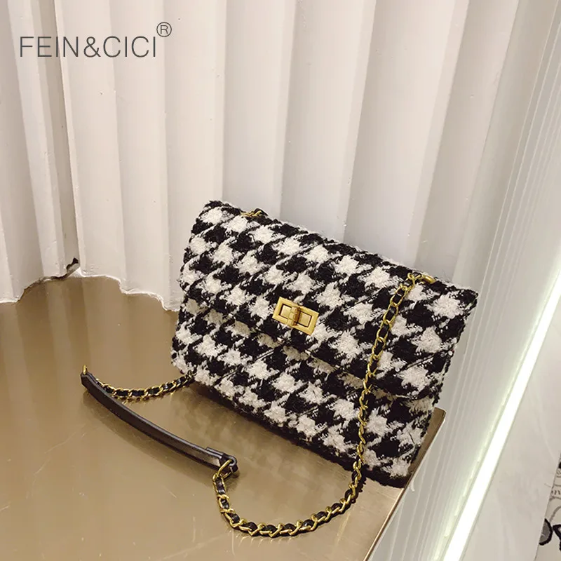 Women houndstooth plaid canvas messenger bag winter chains crossbody