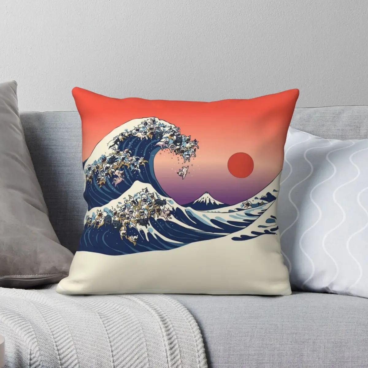 Квадратная наволочка The Great Wave Of French Bulldog Полиэстеровая льняная бархатная