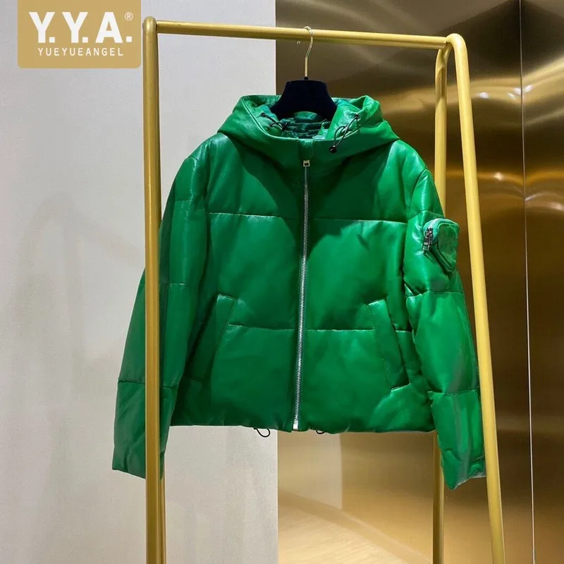 

High Quality Women Genuine Leather Down Jacket Casual Hooded Short Coat Zipper Solid Color Winter Outerwear New Sheepskin Coats
