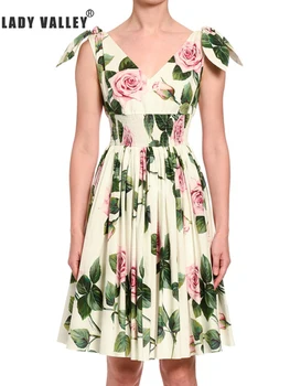 

Free shipping rose printing straps bows shoulder straps sexy V-neck elastic waist A-line dress ladies summer new swing