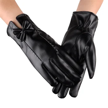 

Elegant Lady Lace Bowknot Driving Gloves Leather Winter Warm Mittens Women's Full Finger Motocycle Ski Gloves Tactical 2019
