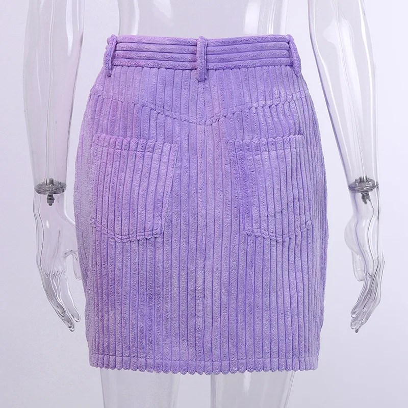 Viifaa Purple Corduroy Bodycon Mini Pencil Skirts Womens Autumn Winter Pocket Side Mid Waist Elegant Short Skirt