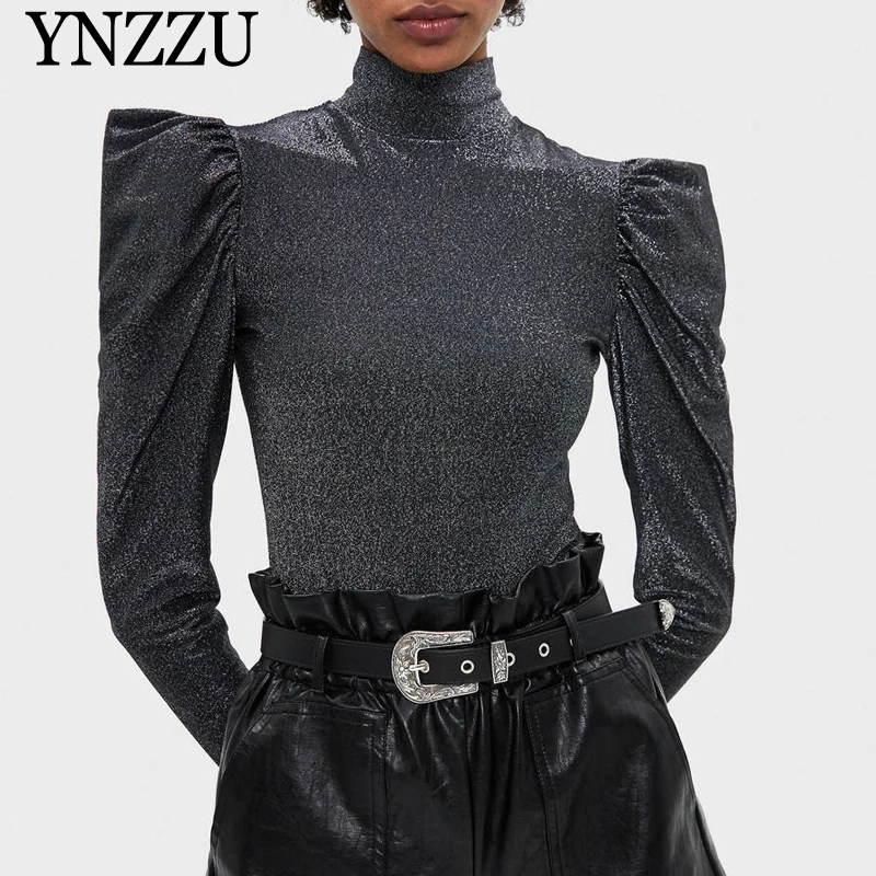 

Sliver Women Puff sleeve Bodysuit Chic 2019 Autumn High collar Female Bodycon Jumpsuit Long sleeve bodysuits Vintage YNZZU YJ061