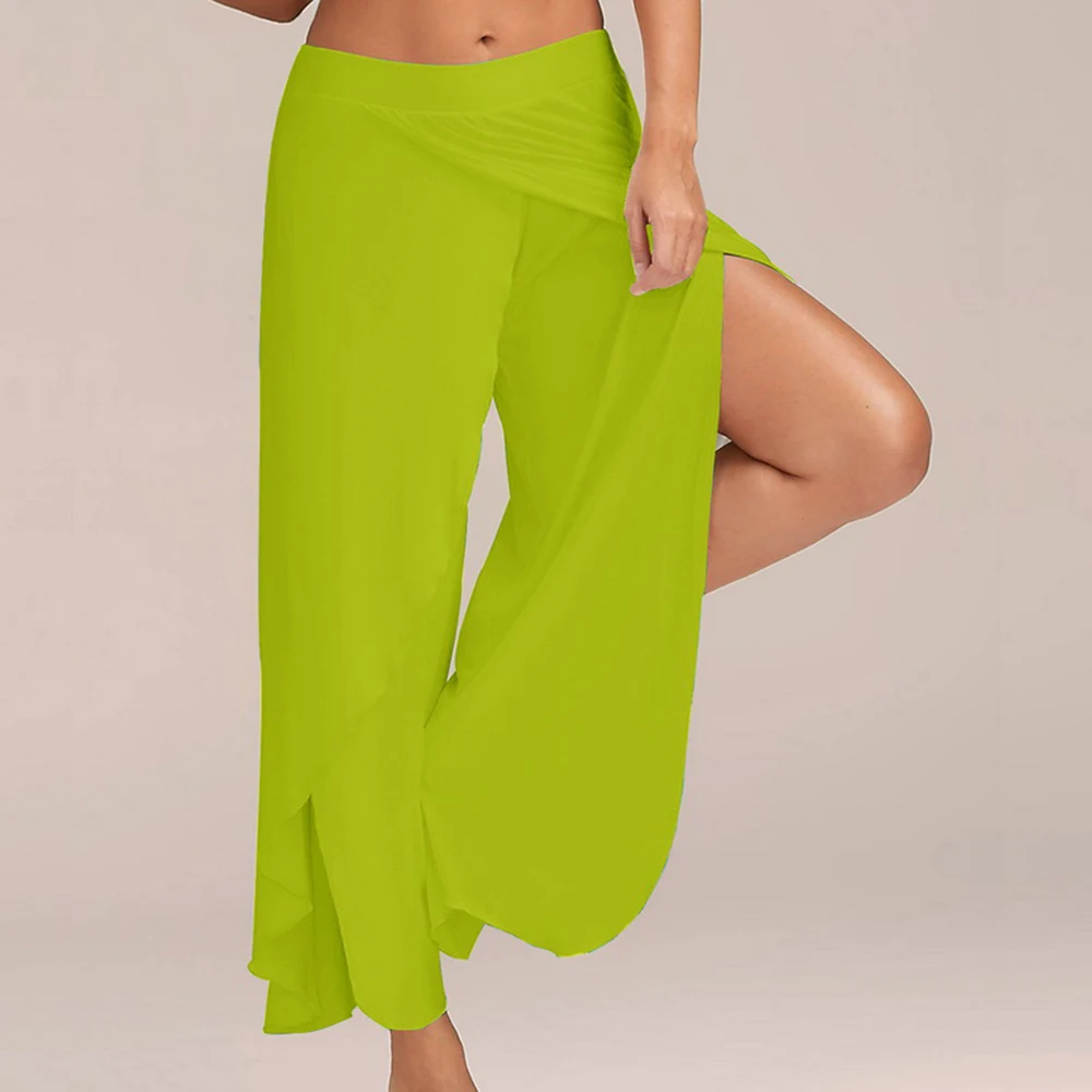 light green Летние шифоновые широкие брюки для женщин, повседневные неровные брюки с разрезом по бокам, Женские однотонные свободные брюки с эластичной талией - Цвет: light green