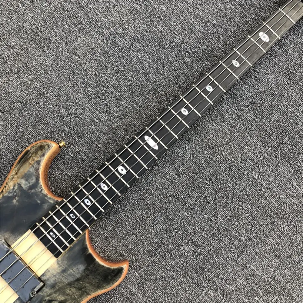 Burst Maple top 4 струны бас гитара, шеи через тело, черное дерево гриф активные звукосниматели электрический бас, реальные фотографии