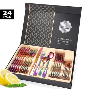 

24Pcs Kitchen Accessoties Tableware Knife Fork Spoon Cutlery Set Flatware Gift Box Western Style Dinnerware Suit Stainless Steel
