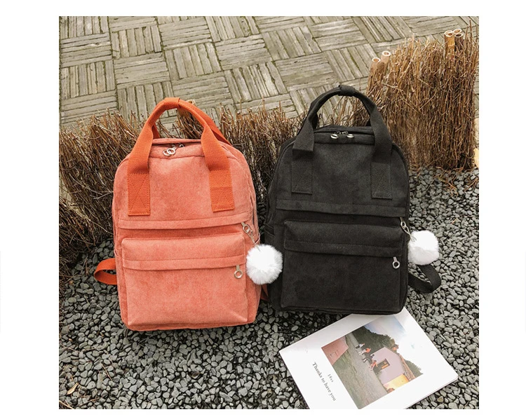Женский рюкзак с меховым помпоном, однотонный вельветовый рюкзак для девочек на весну и зиму, бархатная дорожная сумка, Mochila Feminina