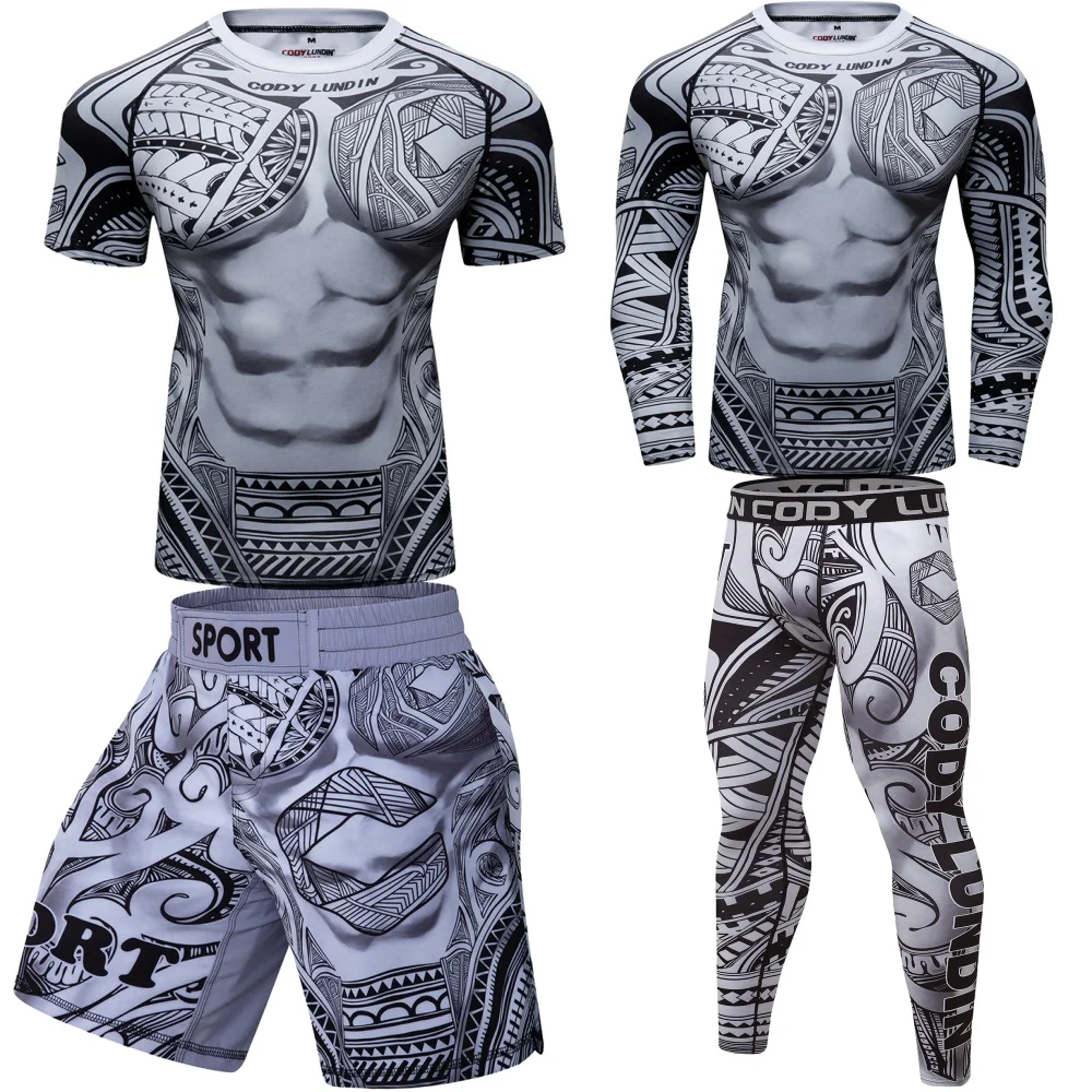 Men's Sport Compression Suit Running Sportswear Set MMA Boxing Shorts Rashguard Fitness Workout Gym Clothing Training Tracksuit