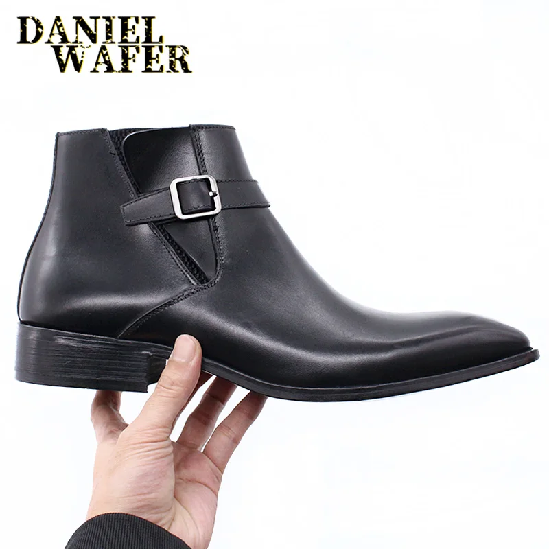 Luxury Men Genuine Leather Ankle Boots Black/Blue Buckle