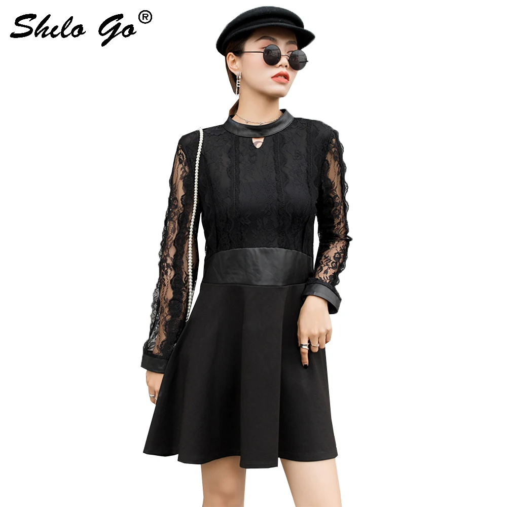 Lederen Jurk Elegante Zwarte Kant Detail Lange Mouwen Jurk Vrouwen Herfst Mock Hals Fit en Flare Hoge Taille Party jurken Lederen Jurk Elegante Zwarte Kant Detail Lange Mouwen Jurk Vrouwen Herfst Mock Hals Fit en Flare Hoge Taille Party jurken