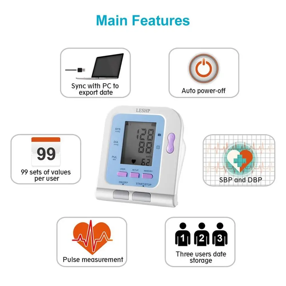 

LESHP Electronic Automatic Sphygmomanometer Arm Blood Pressure Monitor with Blood Pressure Cuff 2.8 inch LCD Display