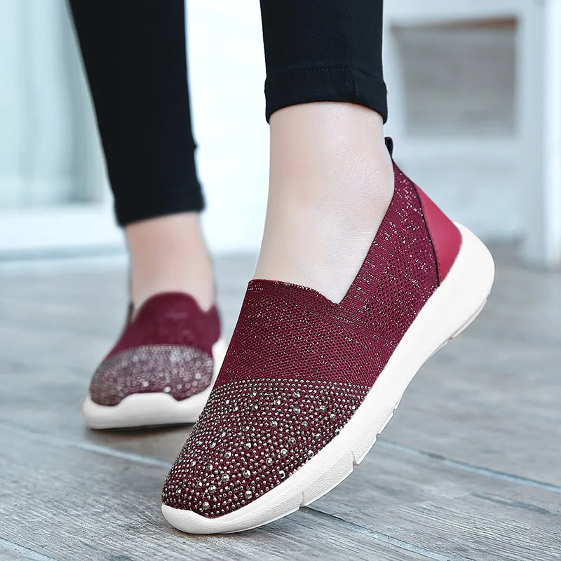

Summer New Style Middle-aged Fly Woven Slip-on Mom Shoes Fashion WOMEN'S Casual Shoes Anti-slip Hot Drilling WOMEN'S Shoes