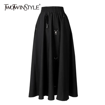 

TWOTWINSTYLE Casual Patchwork Metal Ring Women Skirts High Waist Irregular A-Line Skirt For Female Fashion Clothing 2020 Spring