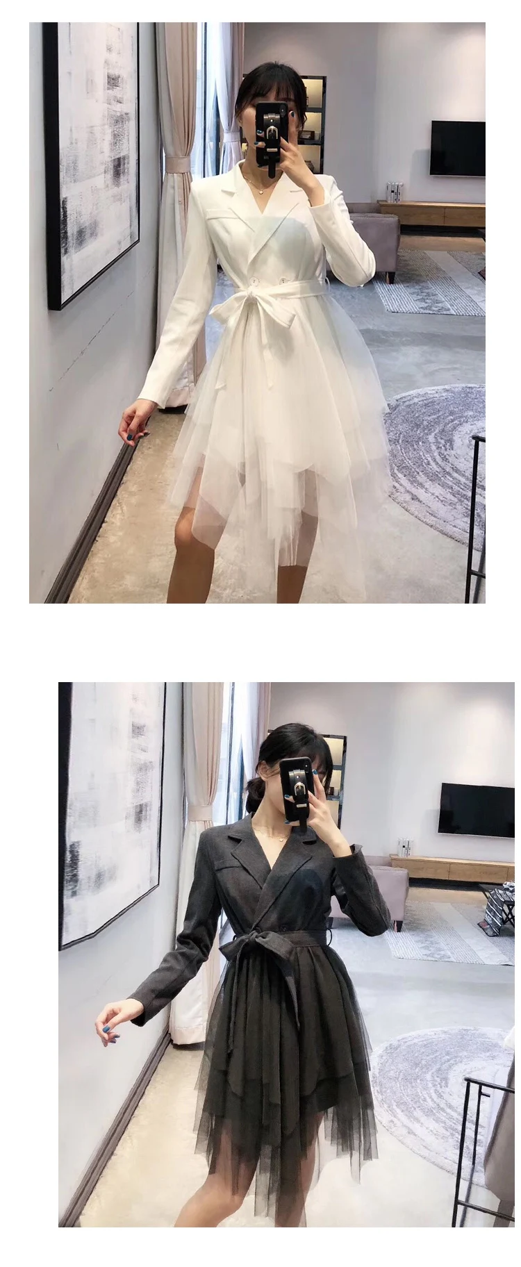 [EWQ] Сетчатое платье высокого качества с длинными рукавами и Зазубренным воротником в стиле пэчворк корейские женские облегающие трендовые блейзеры г. Новинка осени QF36600