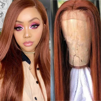 

Brown Auburn 33# Fake Scalp PU silk base Lace Front Human Hair Wigs For Black Women Brazilian Straight Pre Plucked Lace Wig
