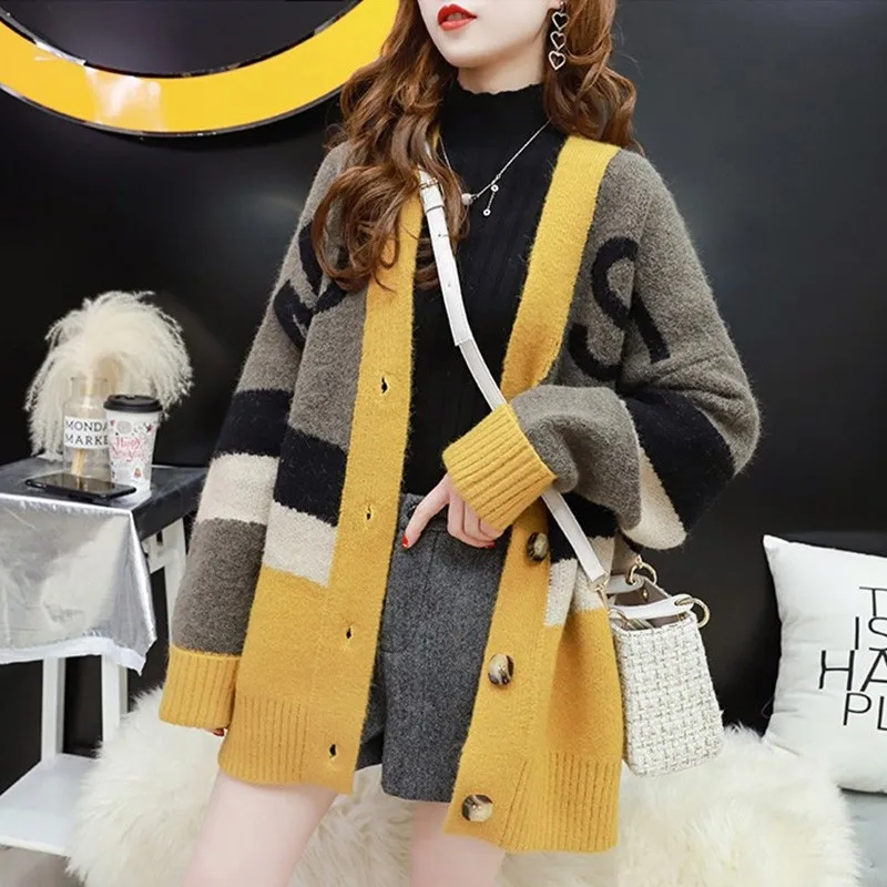 

New Autumn Letter Pattern Women's Long Cardigan Sweater Fashion Loose Korean Cute Style Knit Sweet Girl Coat