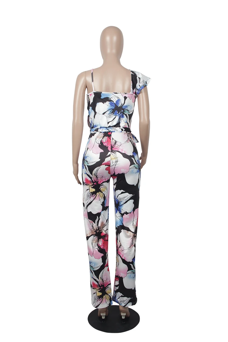 9040138 casual one shoulder floral flower printed wide leg jumpsuit women 2019