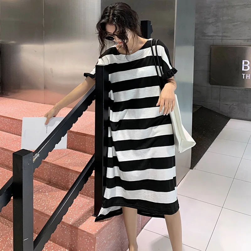 

New Style Maternity Clothes Summer Wear Mid-length Large Size Loose-Fit Short-sleeve Dress Stripes Nursing T-shirt Long Skirts 1