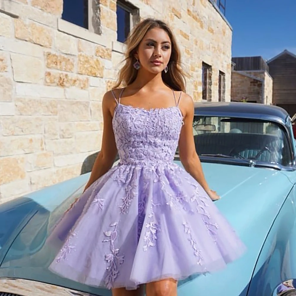 

BeryLove Lace Mini Short Homecoming Dress A Line Spaghetti Strap Embroidery Tulle Applique Vestido Graduation Gown Short Dress