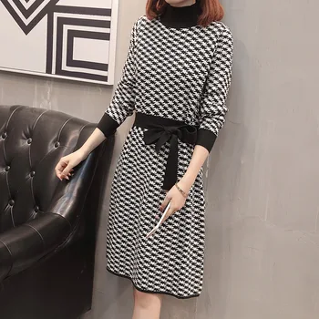 

Women Contrast Corset Wrap Dress Women Bodycon Midi Ladies Dresses Houndstooth Turtleneck Corset Knitted Sweater Black Dress