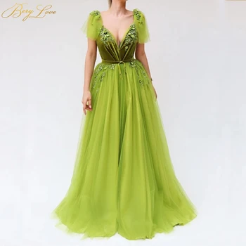 

Green Prom Dress 2020 Cap Sleeves Formal Dress Fresh Long Tulle Young Girl Party Gown Appliques Lace Evening Dress Velvet