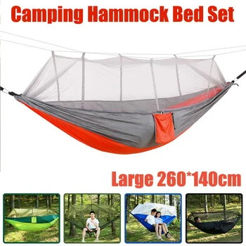 

1-2 Person Portable Outdoor Camping Hammock with Mosquito Net Fabric Hanging Nylon Bed Hunting Sleeping Swing Durable Colourfast
