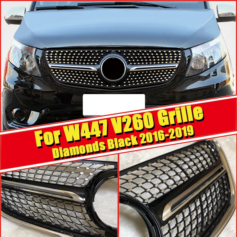 Для Mercedes Metris Vito W447- передний бампер Алмазная решетка ABS черный глянец V260 V250 добавить стиль без камеры