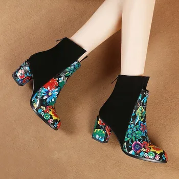 

US4-11 Womens Printed Floral Mixed Colors Pointed Toe Ankle Boots Block High Heel Suede Leather Shoes Back Zip Plus Size