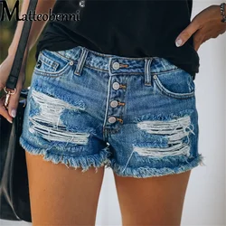 Verão mulheres sexy calças de brim de cintura alta plus size rasgado borla casual magro moda feminina elástico azul botões lavados shorts denim