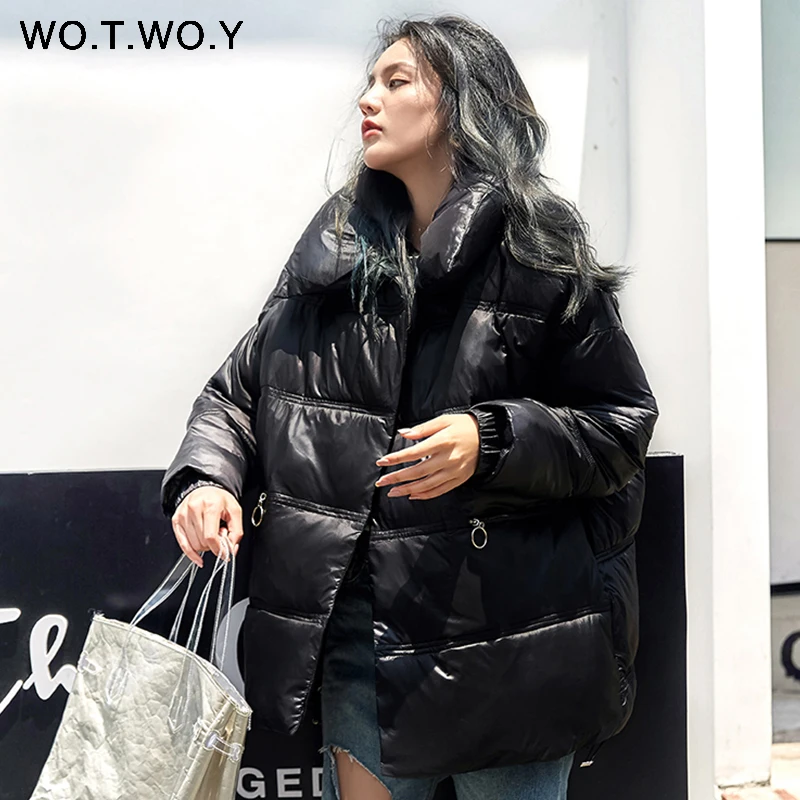 WOTWOY Осень зима женские пальто 2019 с высоким воротом на молнии свободные куртки